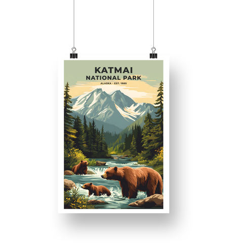 Katmai National Park Poster – Bear Family & River Rapids