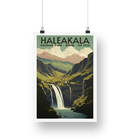 Haleakala National Park Poster – Green Crater & Waterfall