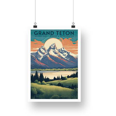 Grand Teton National Park Poster – Mountain Lake & Orange Sunset