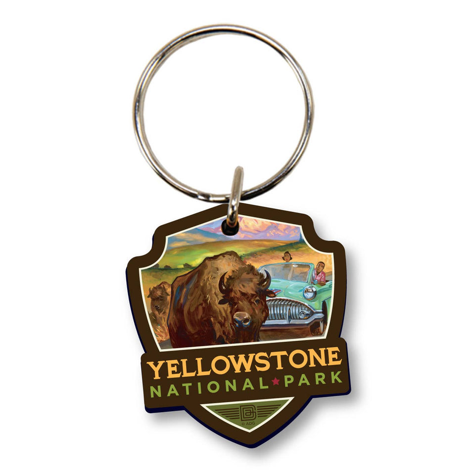 Yellowstone National Park Bison Crossing Wooden Key Ring
