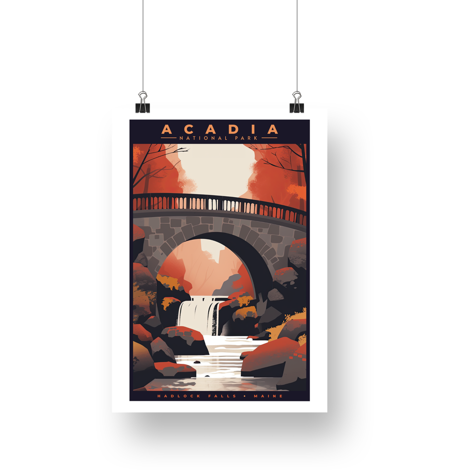 Hadlock Falls - Acadia National Park Poster – Autumn Stone Bridge & Falls