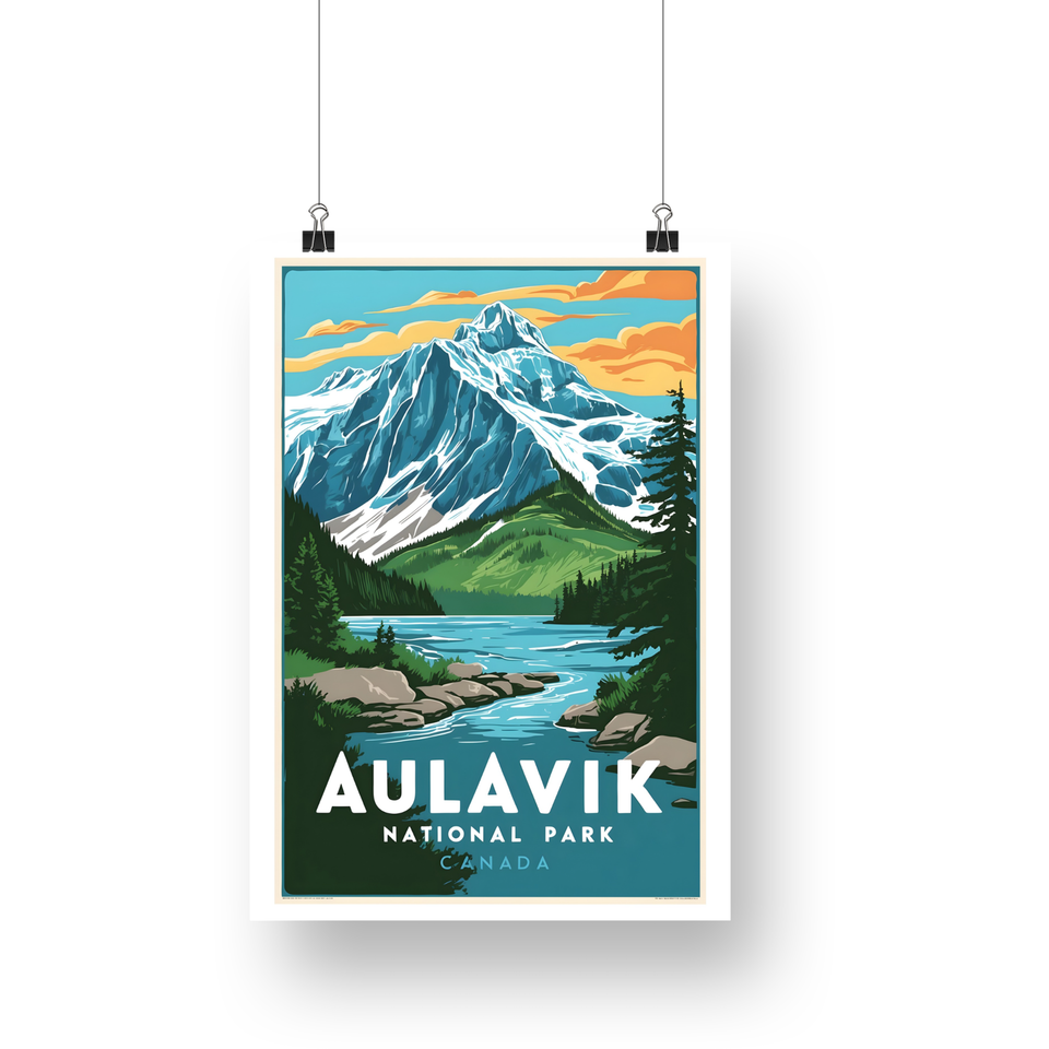 Aulavik National Park Poster – Glacier River & Golden Sky