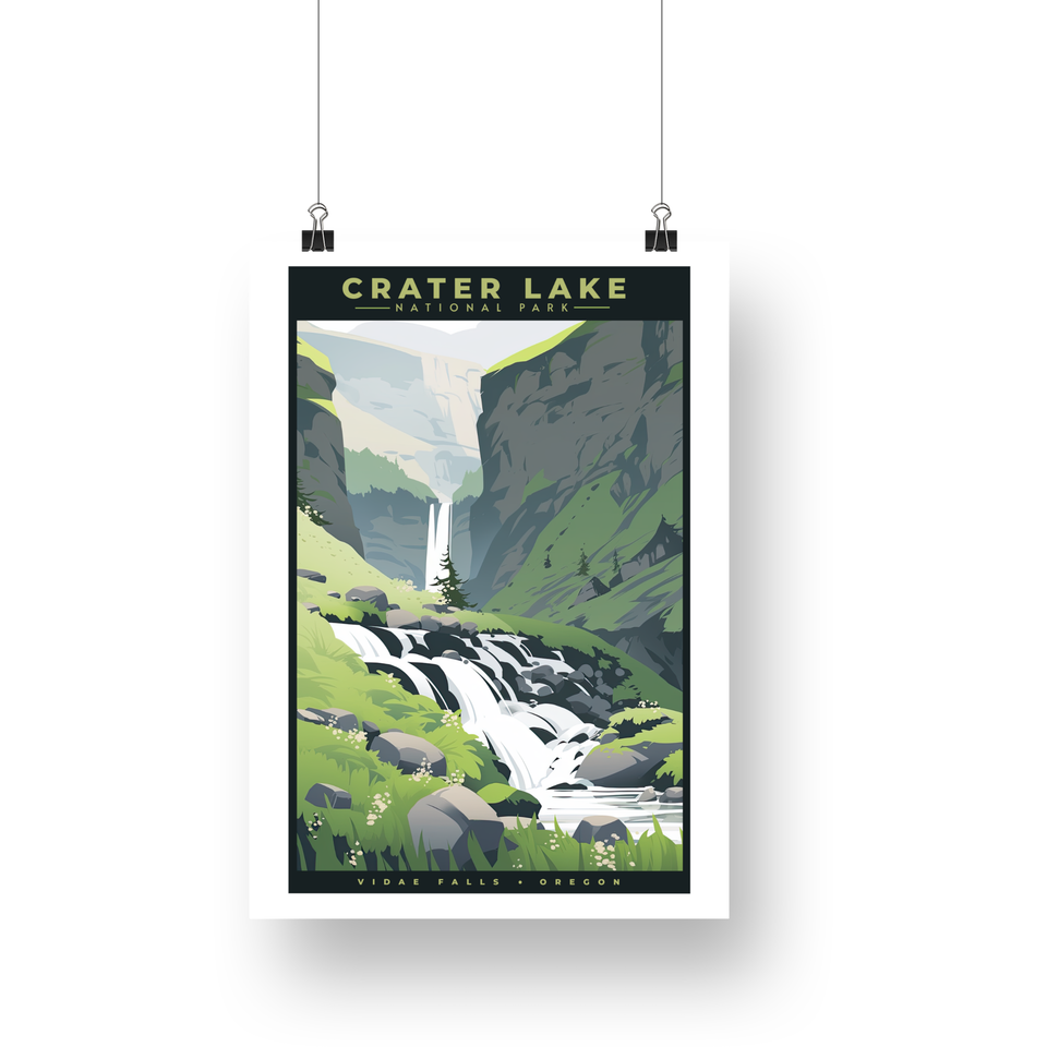 Vidae Falls - Crater Lake National Park Poster – Cascading Water & Rocky Gorge