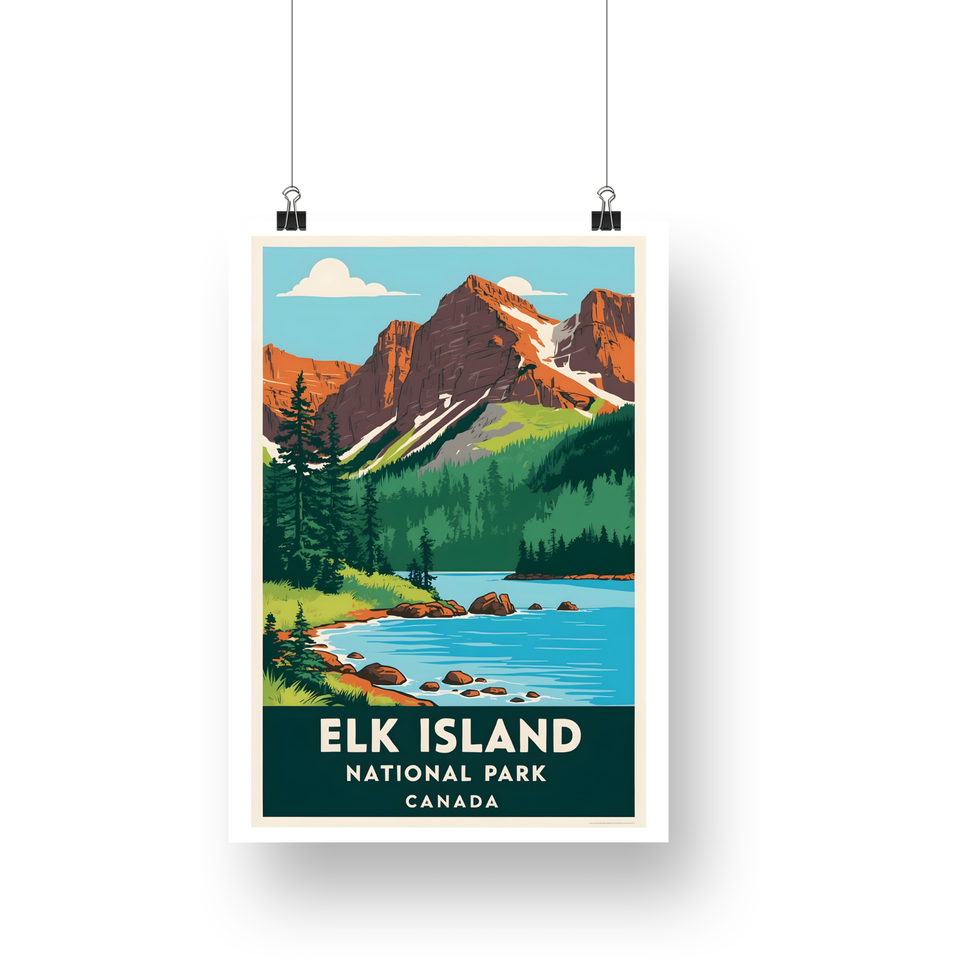 Elk Island National Park Poster – Red Peaks & Turquoise Shore