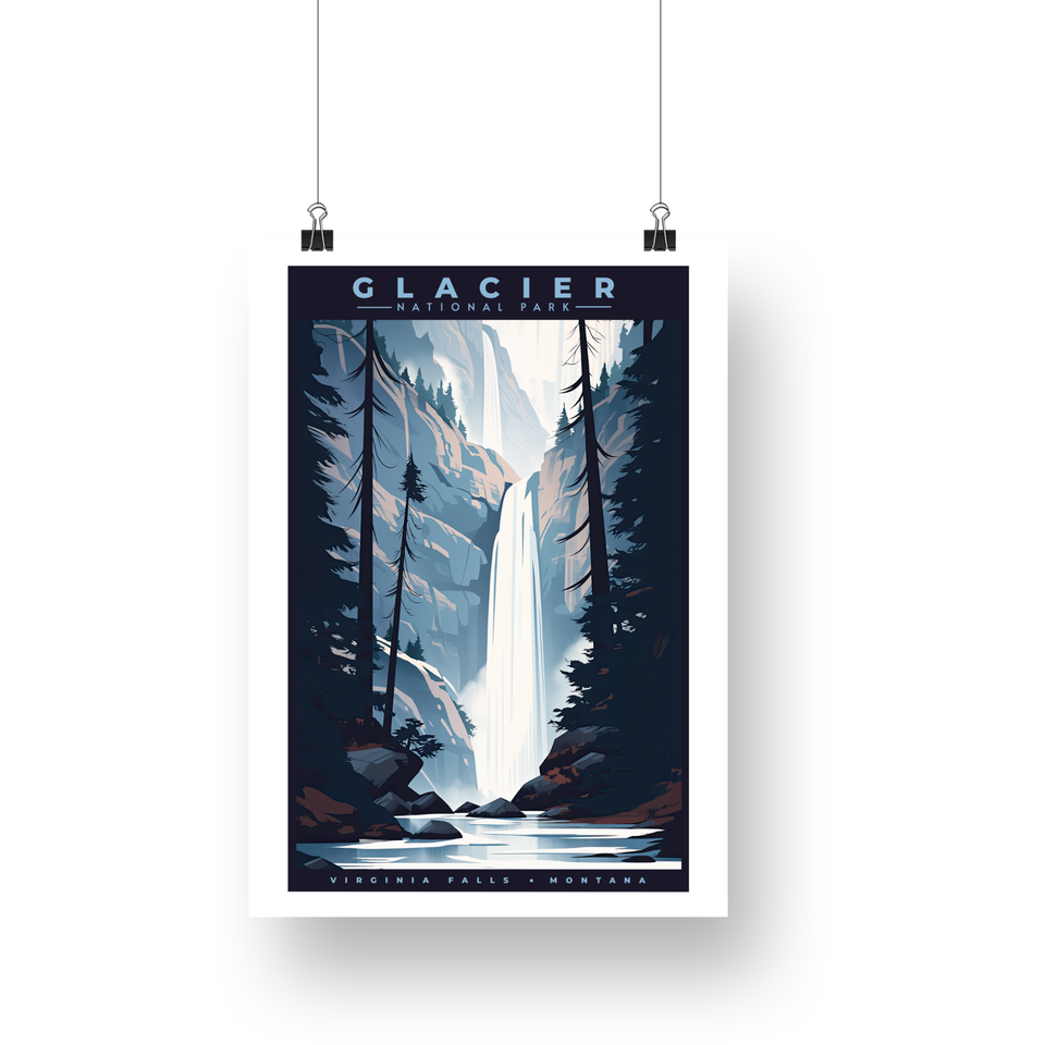 Virginia Falls - Glacier National Park Poster – Blue Gorge & Forest Cascade