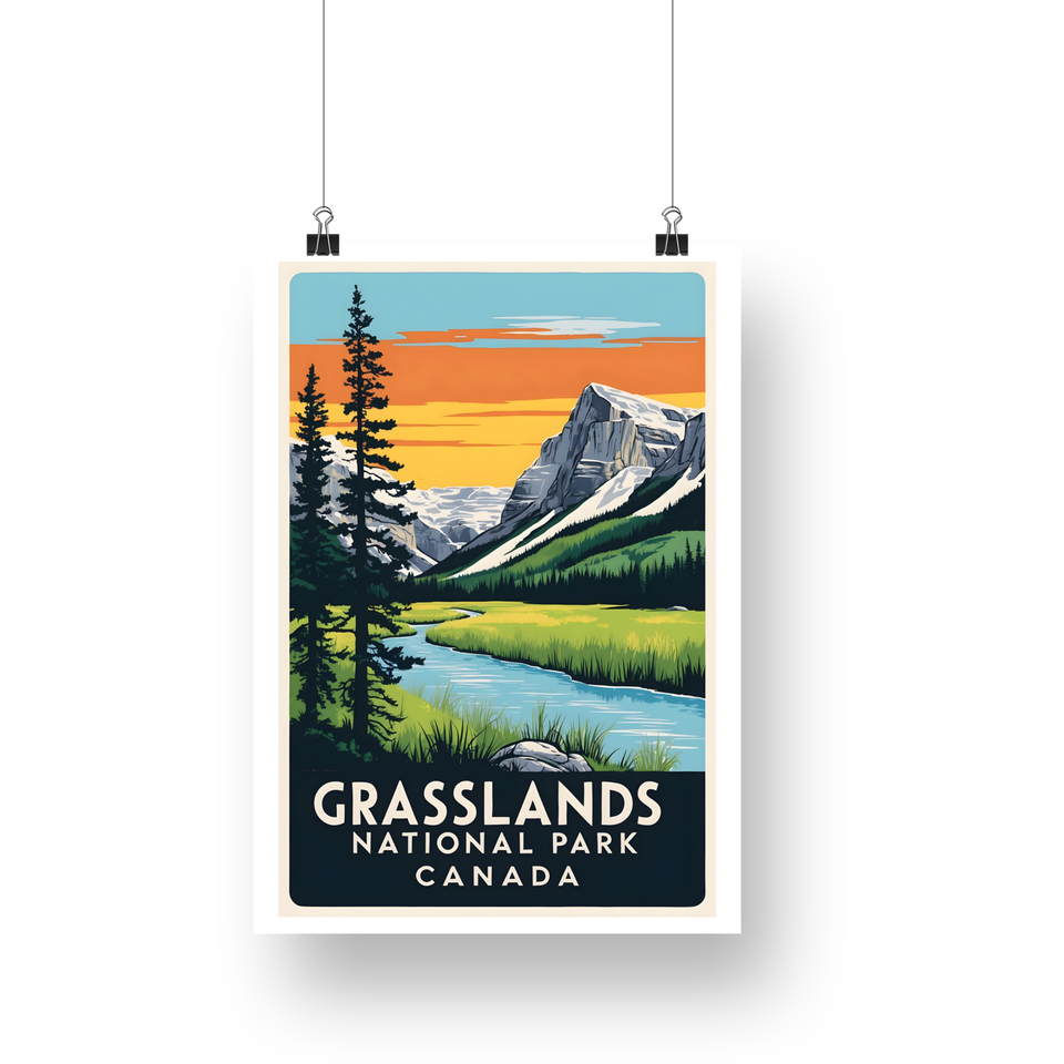 Grasslands National Park Poster – Orange Sky & Green River Valley