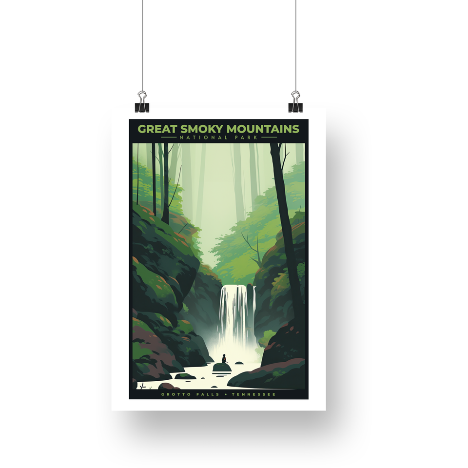 Grotto Falls - Great Smoky Mountains National Park Poster – Misty Green Forest & Falls