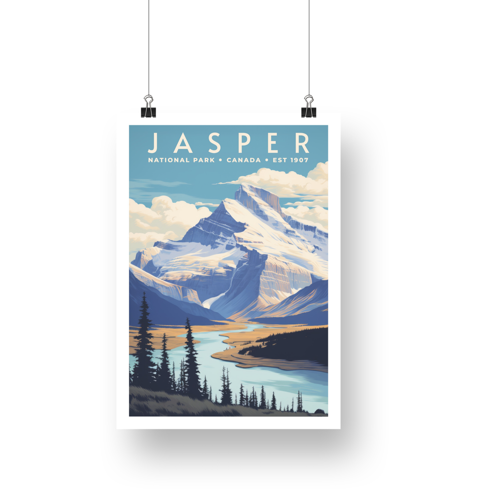 Jasper National Park Poster – Mountain River & Evergreen Shore