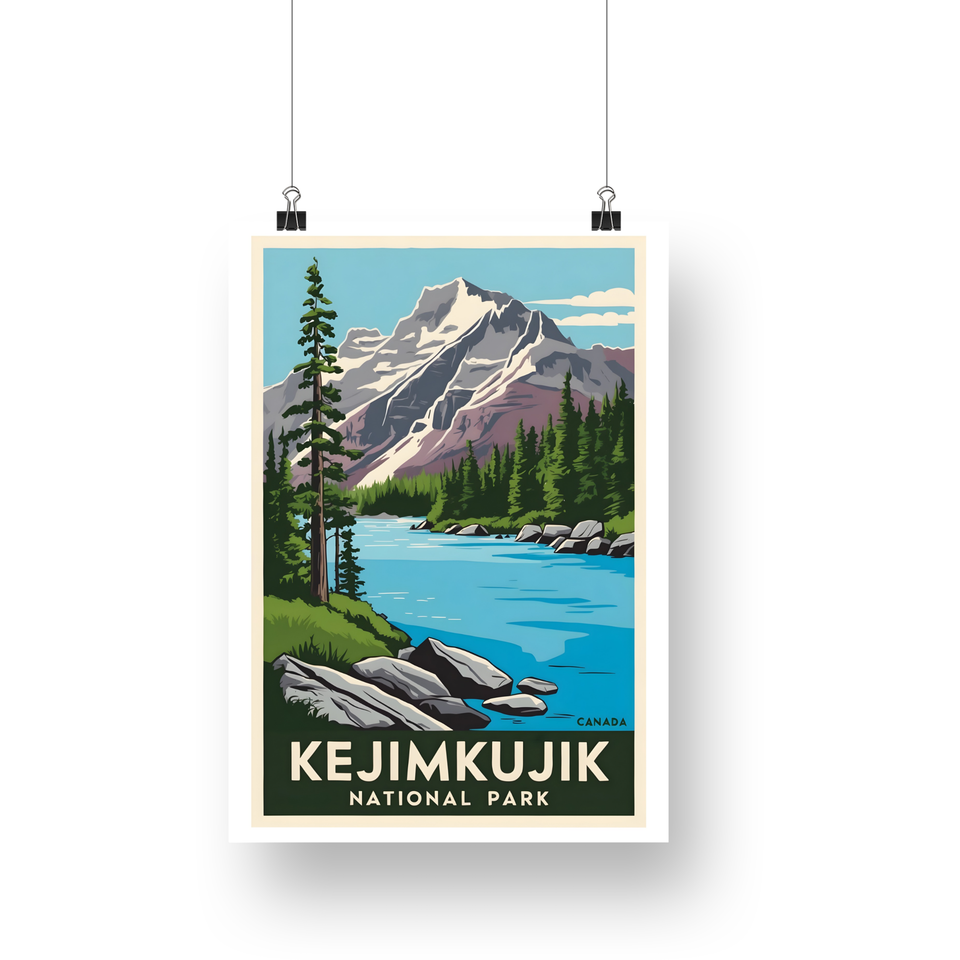 Kejimkujik National Park Poster – Blue Water & Rocky Pine Shore