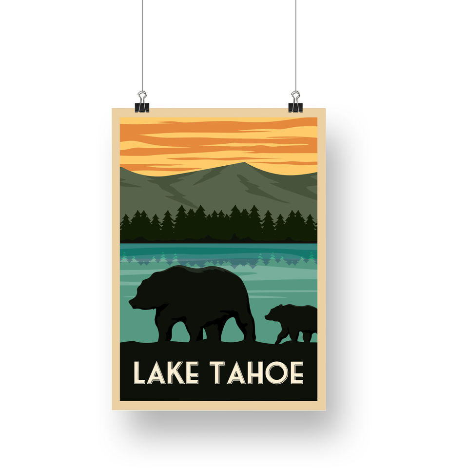 Lake Tahoe Poster – Bear Family by the Lake