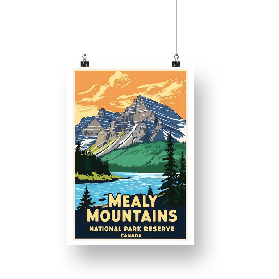 Mealy Mountains National Park Poster – Golden Sky & Mountain Lake