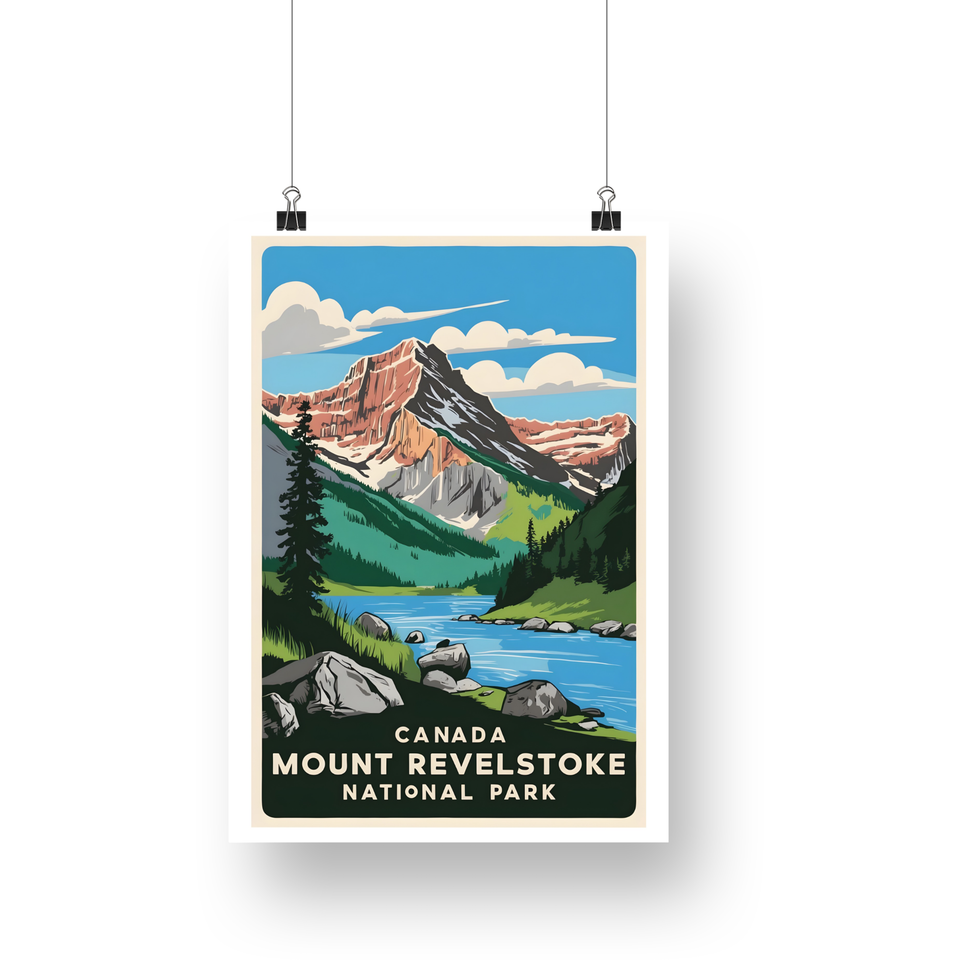 Mount Revelstoke National Park Poster – Snowy Range & Forest River