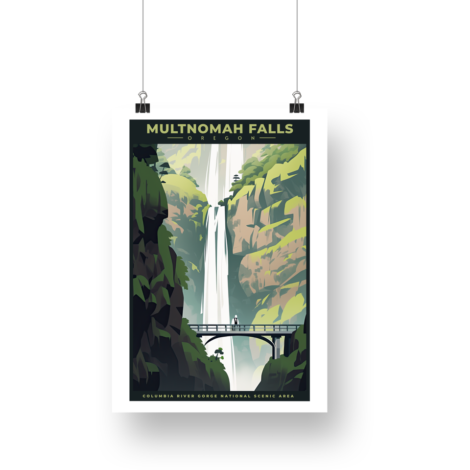 Multnomah Falls - Columbia River Gorge Oregon Poster – Waterfall & Forest Bridge