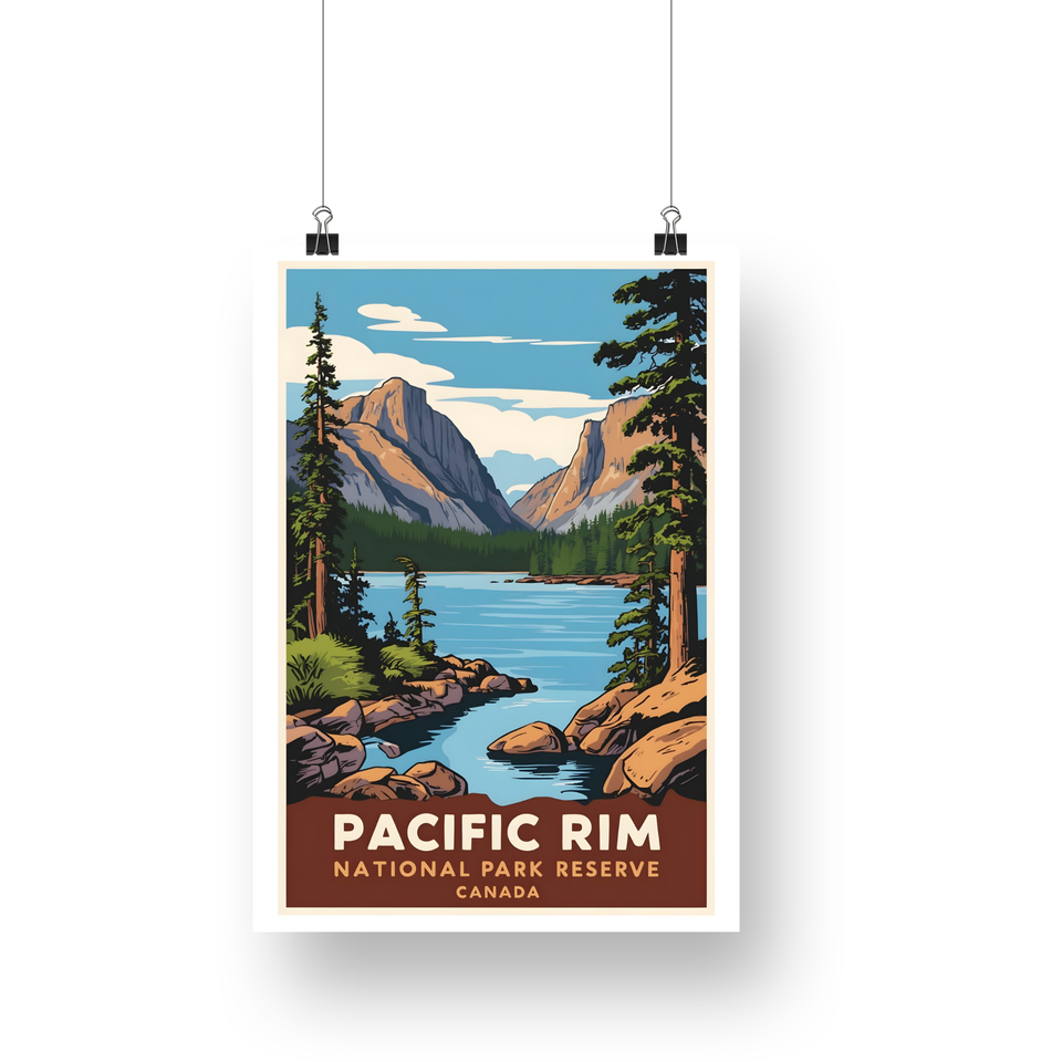 Pacific Rim National Park Poster – Mountain Lake & Rocky Headlands
