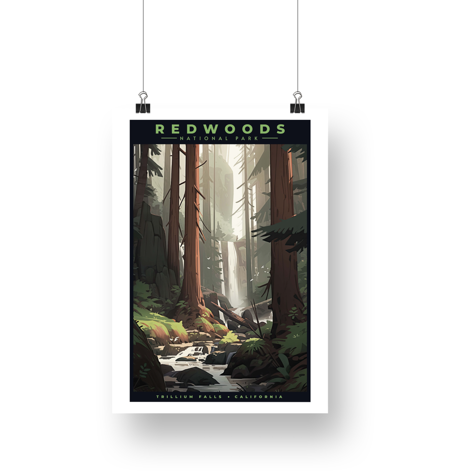Trillium Falls - Redwood National Park Poster – Sunlit Forest & Rocky Creek
