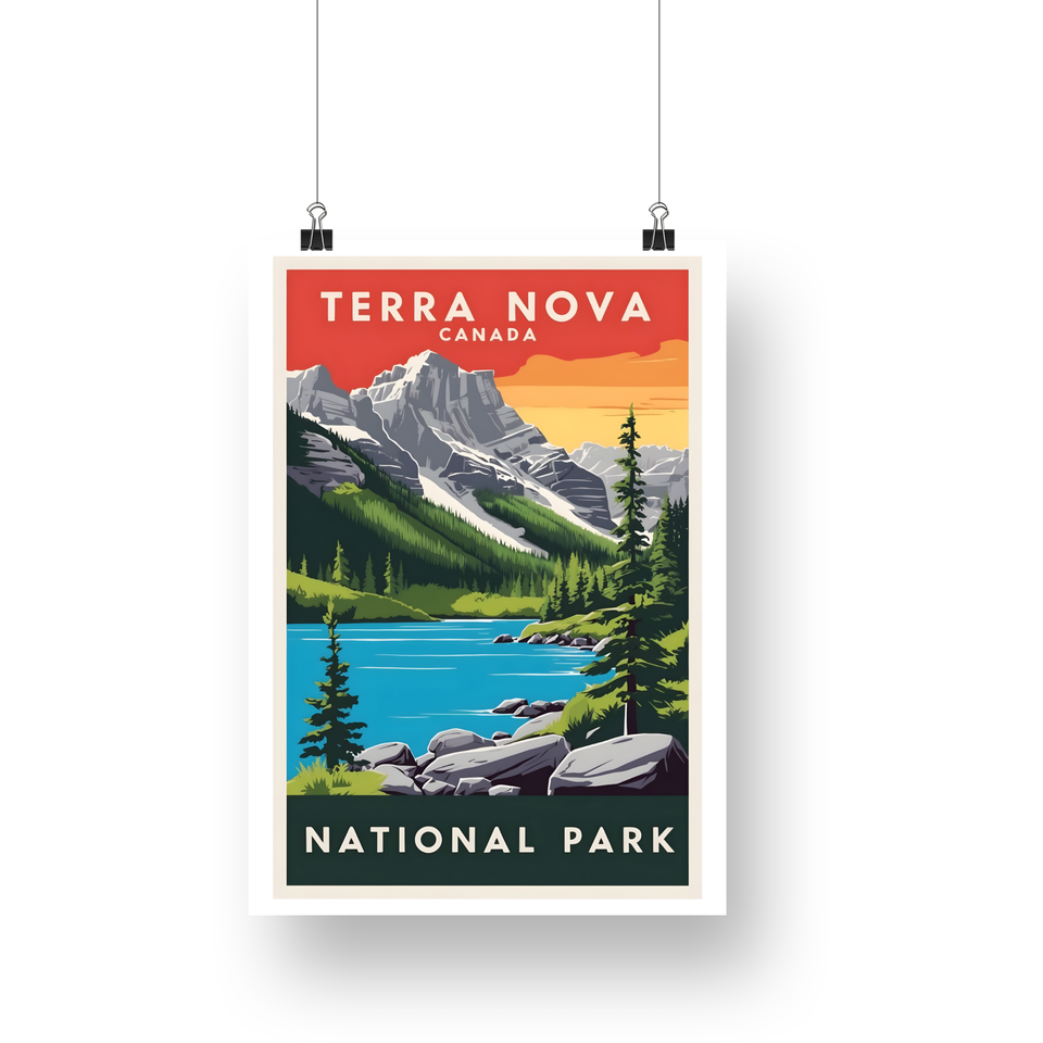 Terra Nova National Park Poster – Mountain Lake & Red Sky