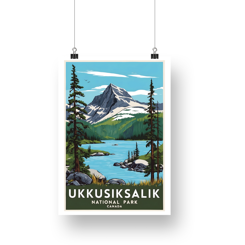 Ukkusiksalik National Park Poster – Mountain Lake & Rocky Shore