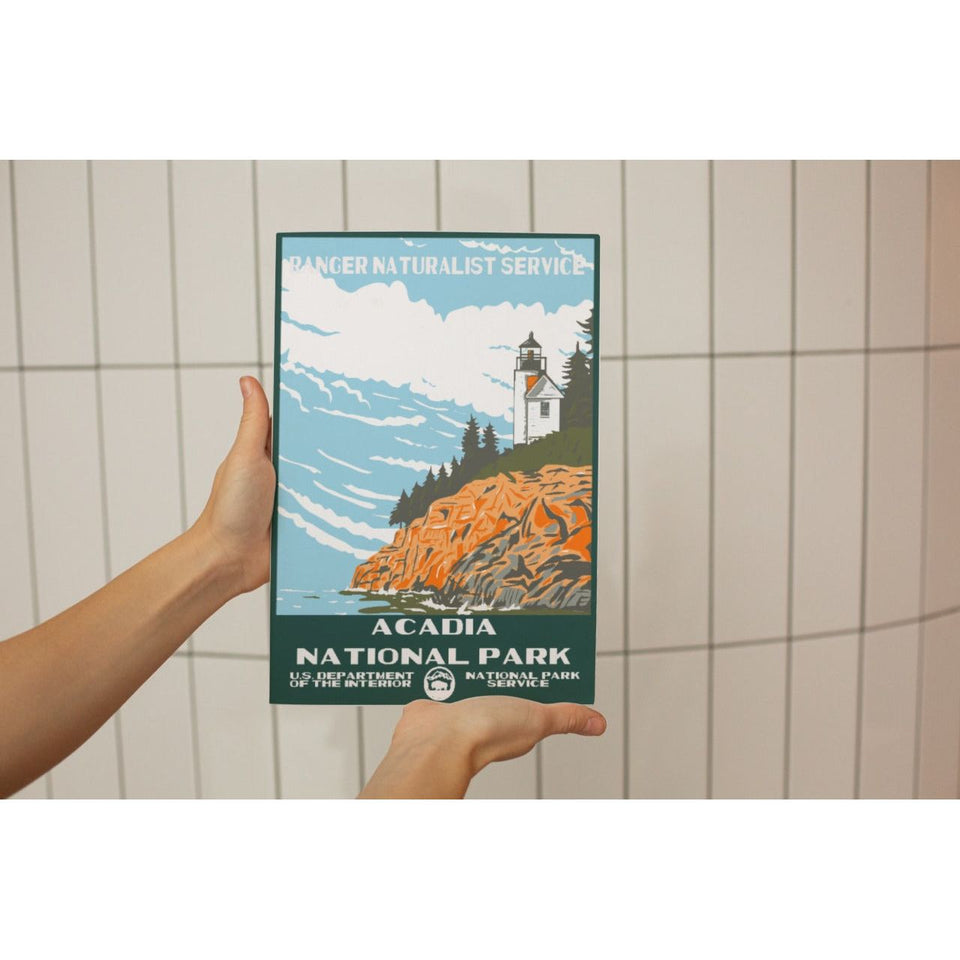 Acadia National Park Poster – Cliffside Lighthouse & Blue Sea – Ranger Header