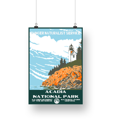 Acadia National Park Poster – Cliffside Lighthouse & Blue Sea – Ranger Header