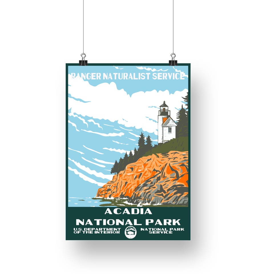 Acadia National Park Poster – Cliffside Lighthouse & Blue Sea – Ranger Header
