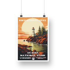 Acadia National Park Poster – Lighthouse & Golden Coastal Sunset – Ranger Header