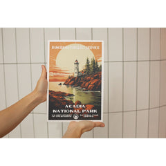Acadia National Park Poster – Lighthouse & Golden Coastal Sunset – Ranger Header