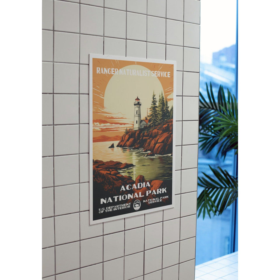 Acadia National Park Poster – Lighthouse & Golden Coastal Sunset – Ranger Header