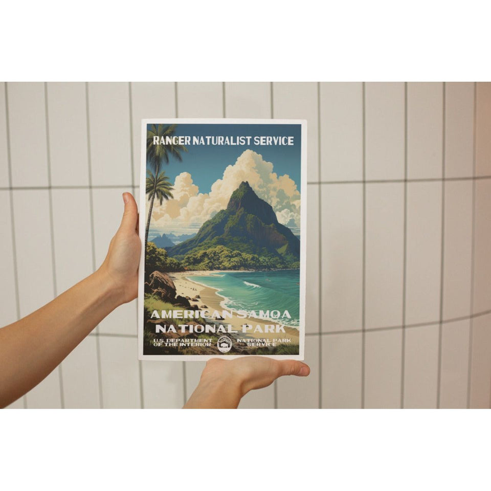 American Samoa National Park Poster – Green Peak & Tropical Shore – Ranger Header