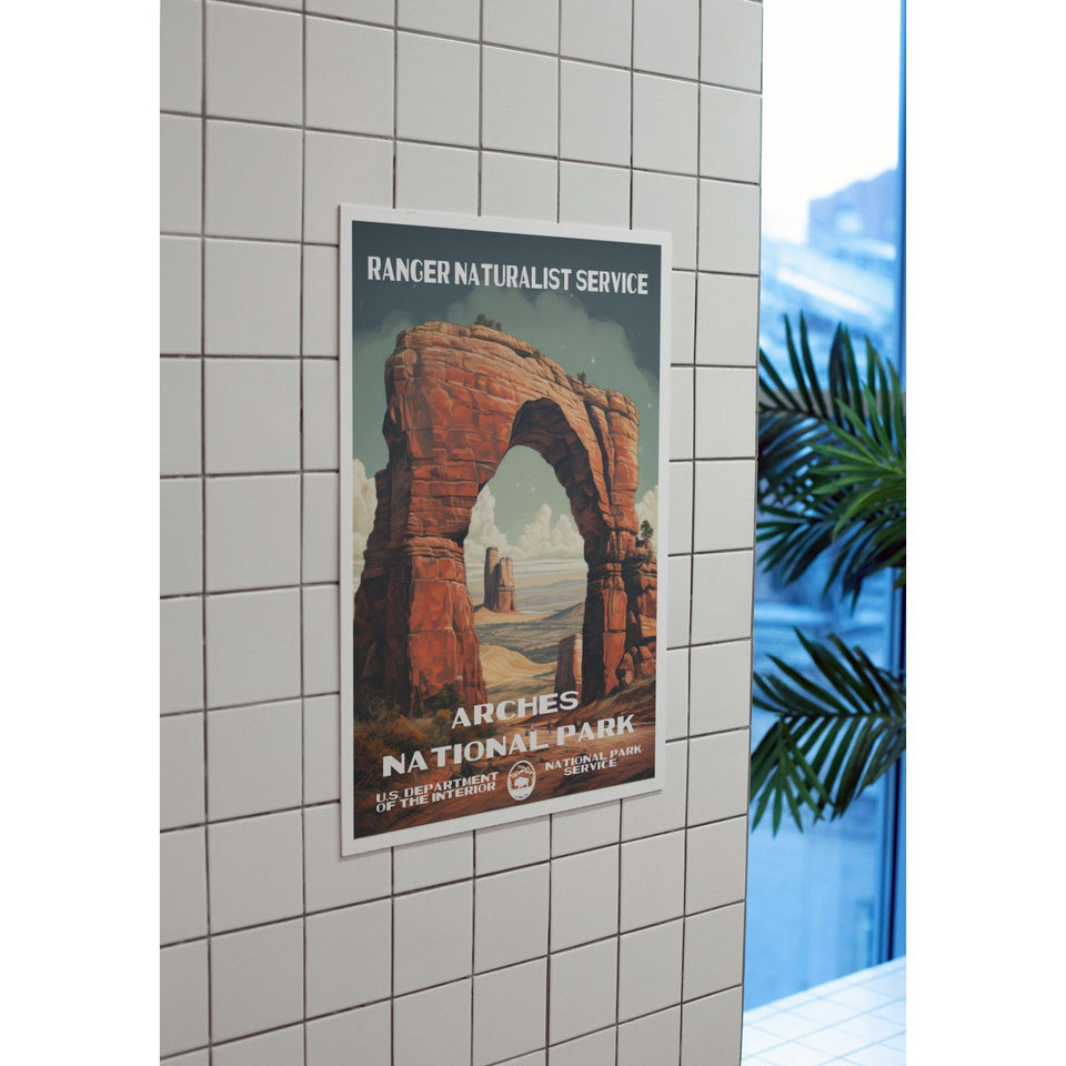 Arches National Park Poster – Rock Arch & Distant Desert Spires – Ranger Header