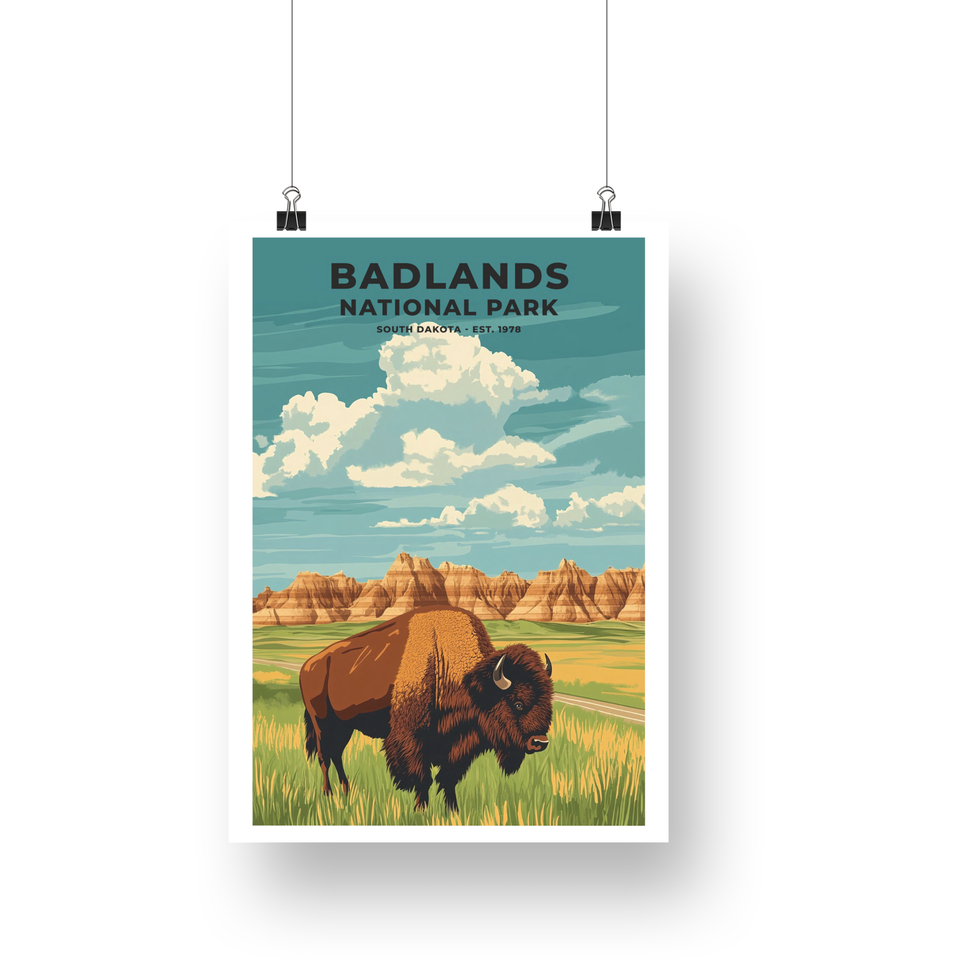 Badlands National Park Poster – Bison & Green Prairie