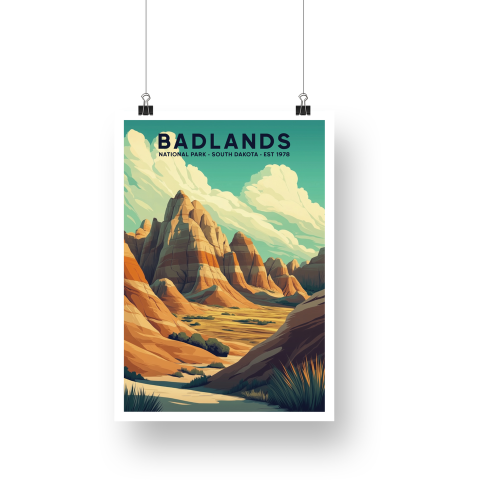 Badlands National Park Poster – Layered Buttes & Mountain Valley