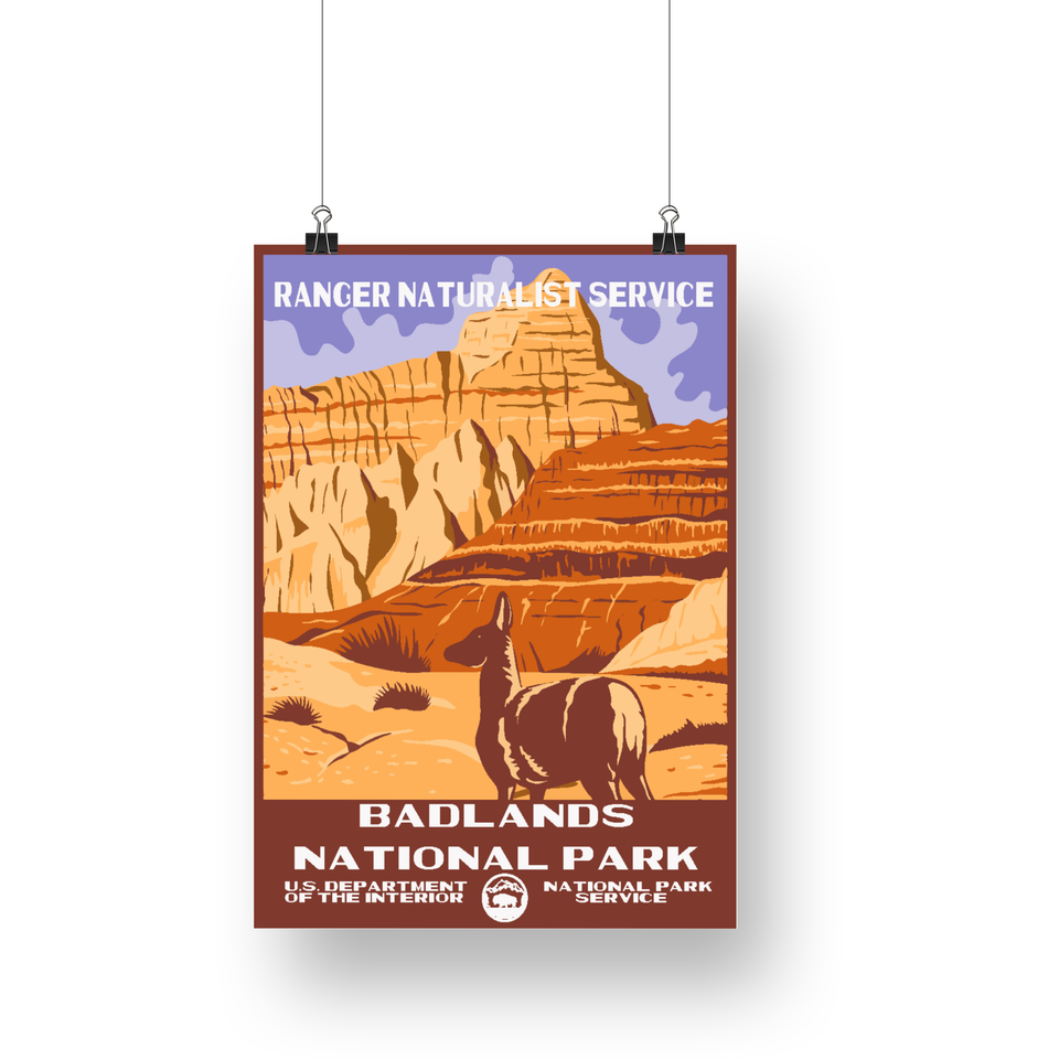 Badlands National Park Poster – Bighorn Sheep & Desert Buttes – Ranger Header