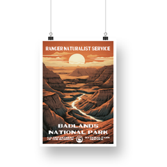 Badlands National Park Poster – Layered Badlands & Setting Sun – Ranger Header