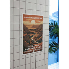 Badlands National Park Poster – Layered Badlands & Setting Sun – Ranger Header