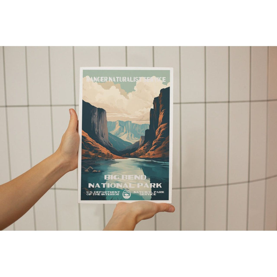 Big Bend National Park Poster – Blue River & Towering Canyon – Ranger Header