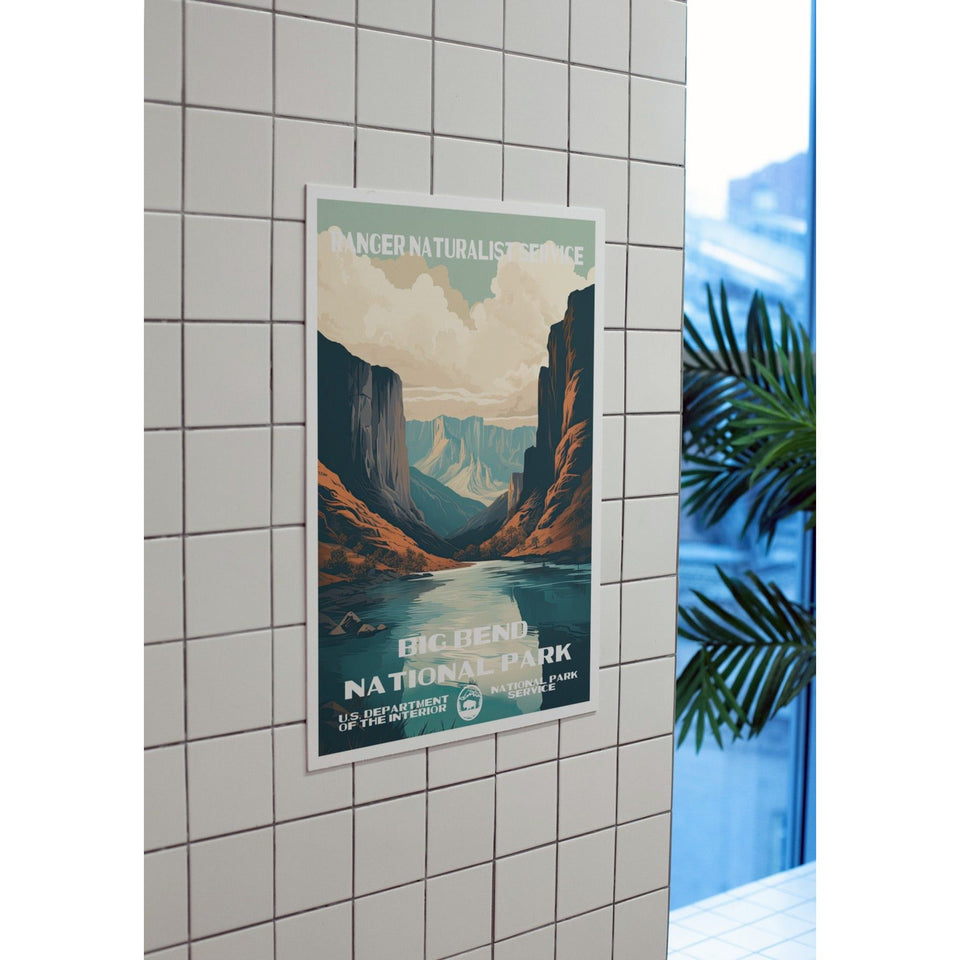Big Bend National Park Poster – Blue River & Towering Canyon – Ranger Header