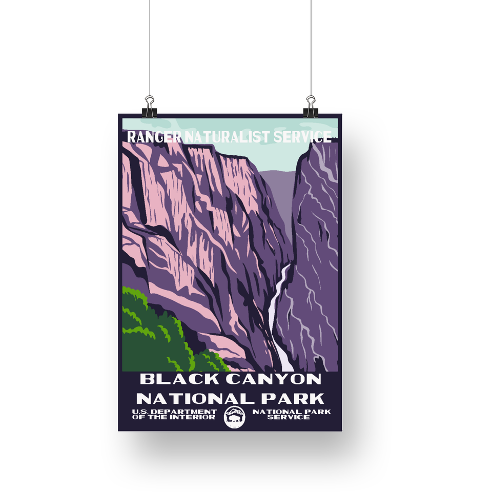 Black Canyon National Park Poster – Purple Canyon Walls & Green Trees – Ranger Header