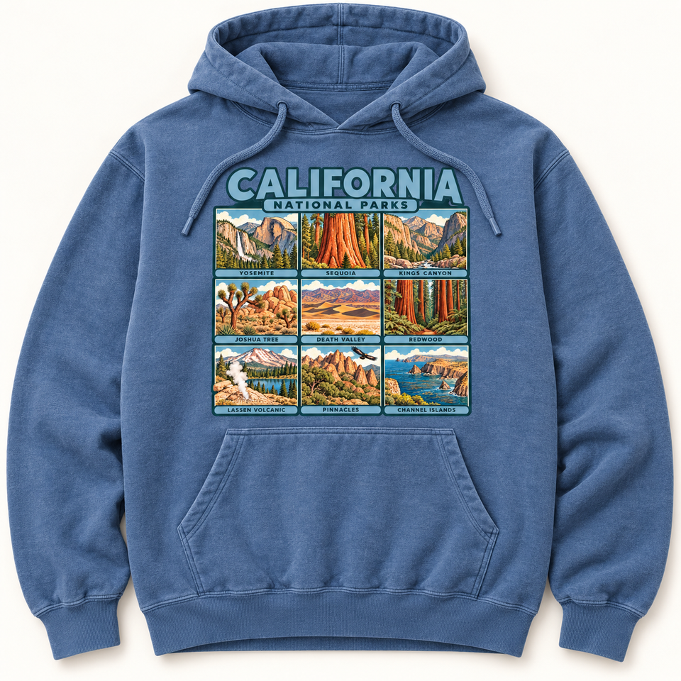 California National Parks Hoodie — Garment-Dyed in Blue Jean