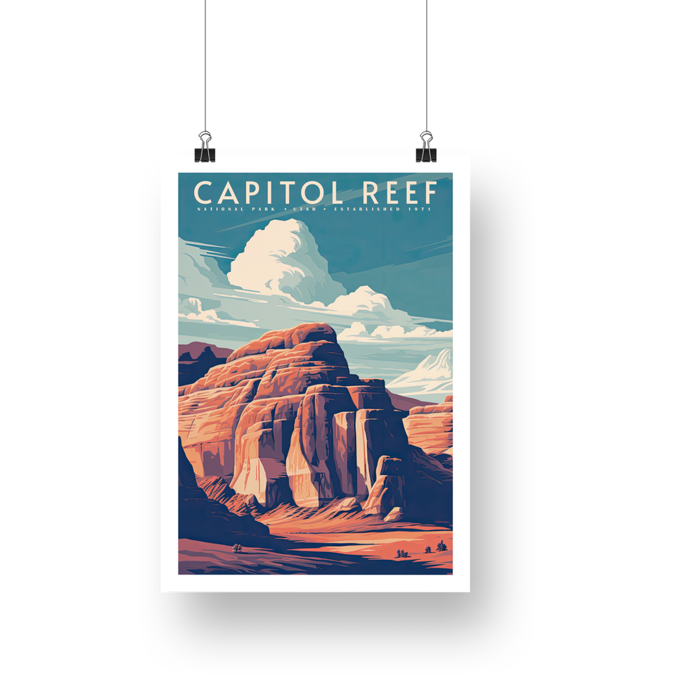 Capitol Reef National Park Poster – Layered Red Rock & Cloudy Sky
