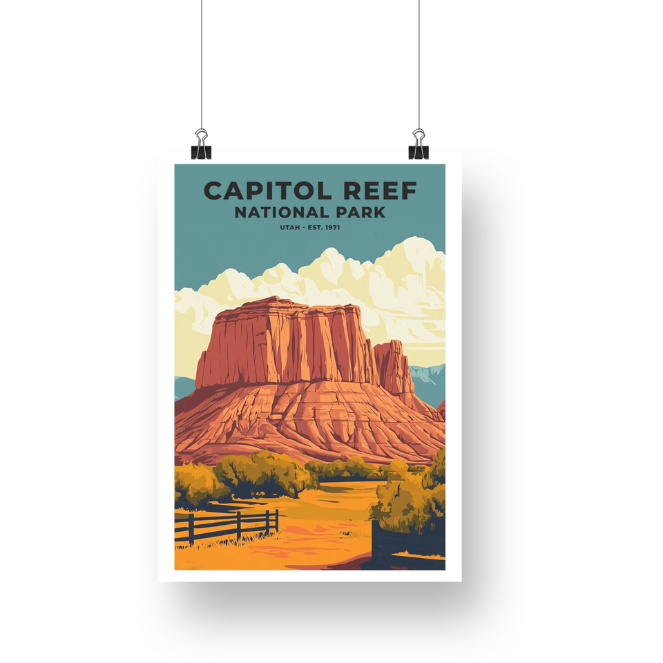 Capitol Reef National Park Poster – Red Mesa & Desert Fence