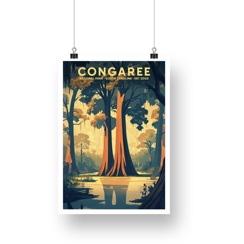 Congaree National Park Poster – Giant Tree & Wetland Reflection