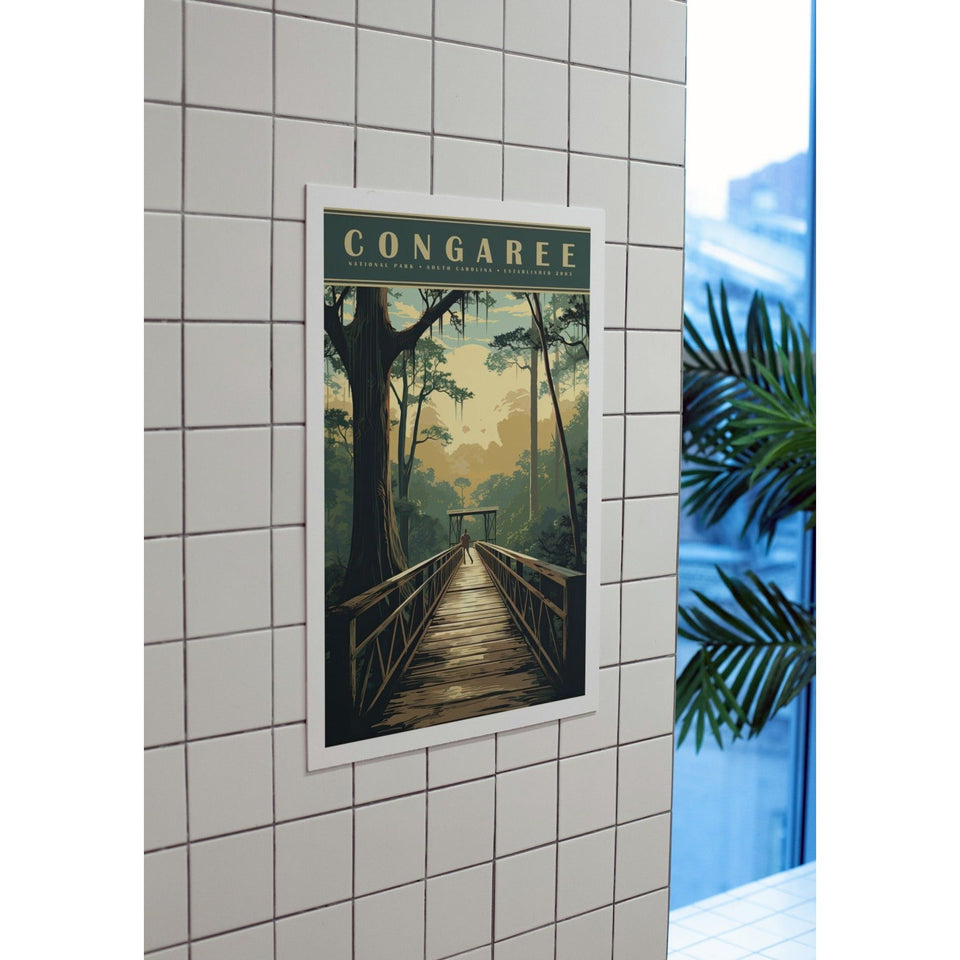 Congaree National Park Poster – Forest Boardwalk & Golden Canopy