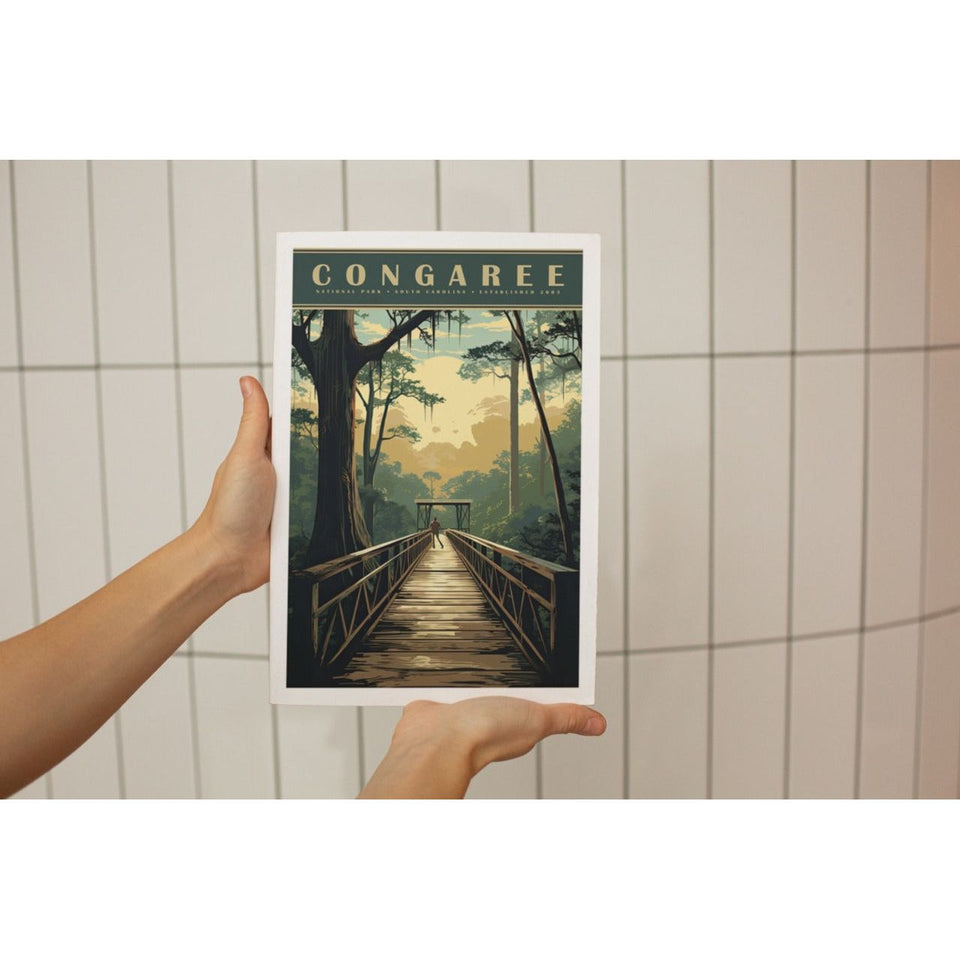 Congaree National Park Poster – Forest Boardwalk & Golden Canopy