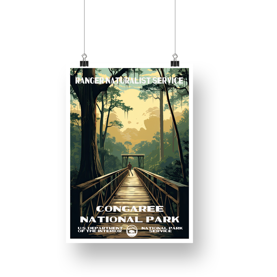 Congaree National Park Poster – Forest Boardwalk & Golden Canopy – Ranger Header