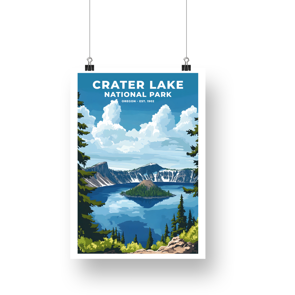 Crater Lake National Park Poster – Island Lake & Billowing Clouds