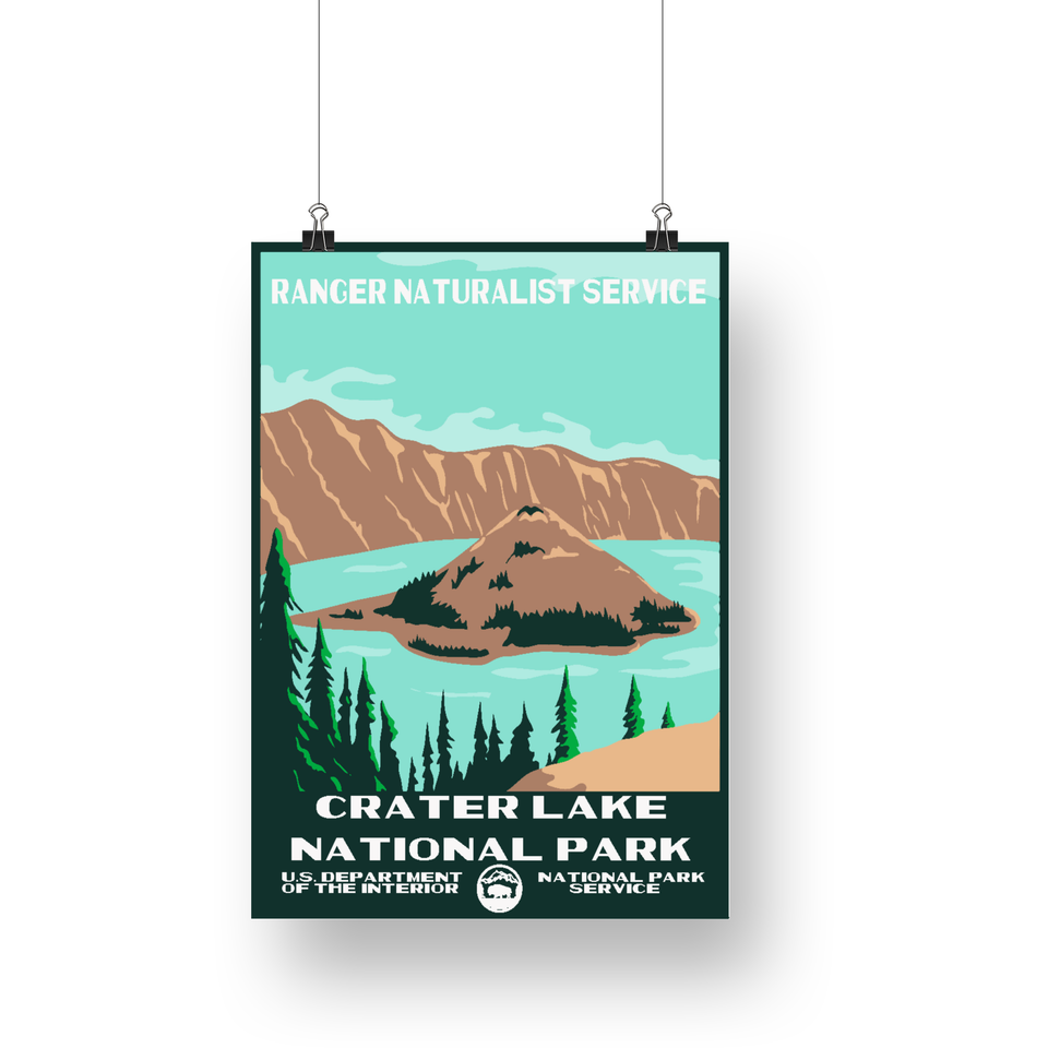 Crater Lake National Park Poster – Island Lake & Brown Caldera – Ranger Header