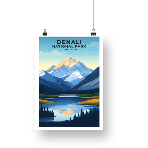 Denali National Park Poster – Golden Summit & Lake Reflection