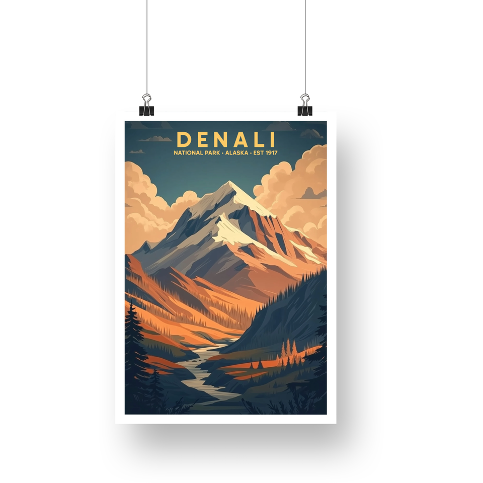 Denali National Park Poster – Golden Mountains & Winding River