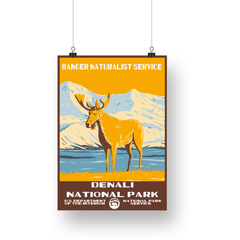 Denali National Park Poster – Caribou & White Mountain Range – Ranger Header