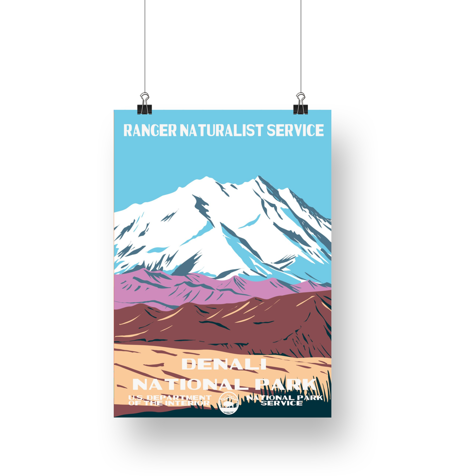 Denali National Park Poster – Snowy Mountain & Pink Foothills – Ranger Header